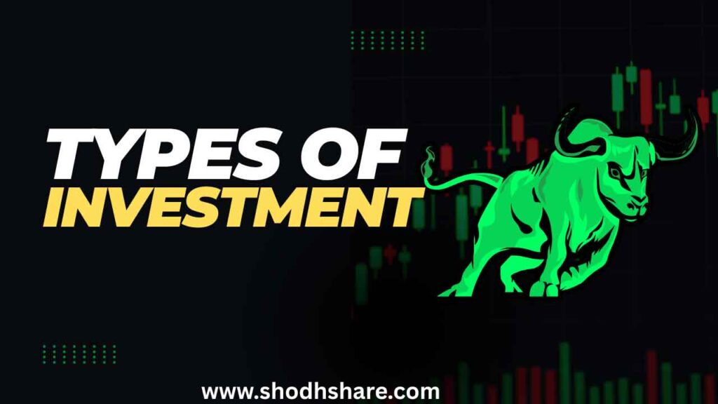 A green bull and a stock market candlestick chart are visible in the background, along with the text "Types of Investment".