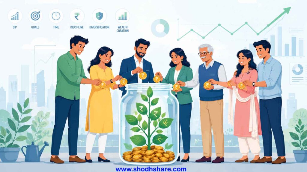 A modern, professional flat vector illustration representing wealth creation and collective investing. A group of diverse Indian people putting small coins into a large, transparent glass jar that is growing a green, healthy money plant with financial charts in the subtle background. Soft pastel colors, clean corporate style, suitable for a financial blog banner