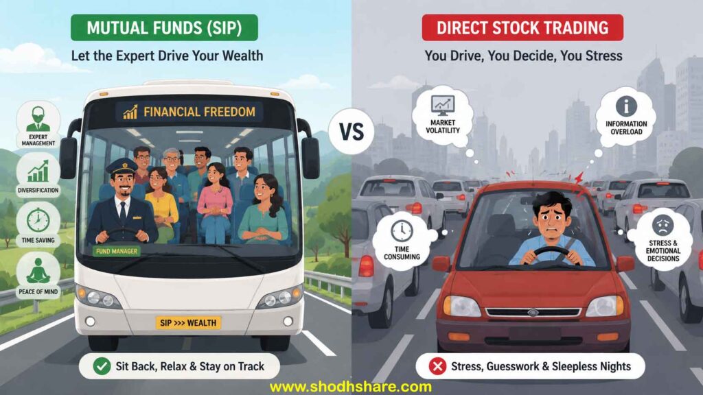 A visual metaphor of a tourist bus vs driving a car. One side shows a professional driver driving a comfortable bus filled with happy passengers (representing a Fund Manager and investors). The other side shows a stressed person driving a car alone in heavy traffic (representing direct stock trading). Minimalist infographical style. Mutual Fund SIP Guide 2026.