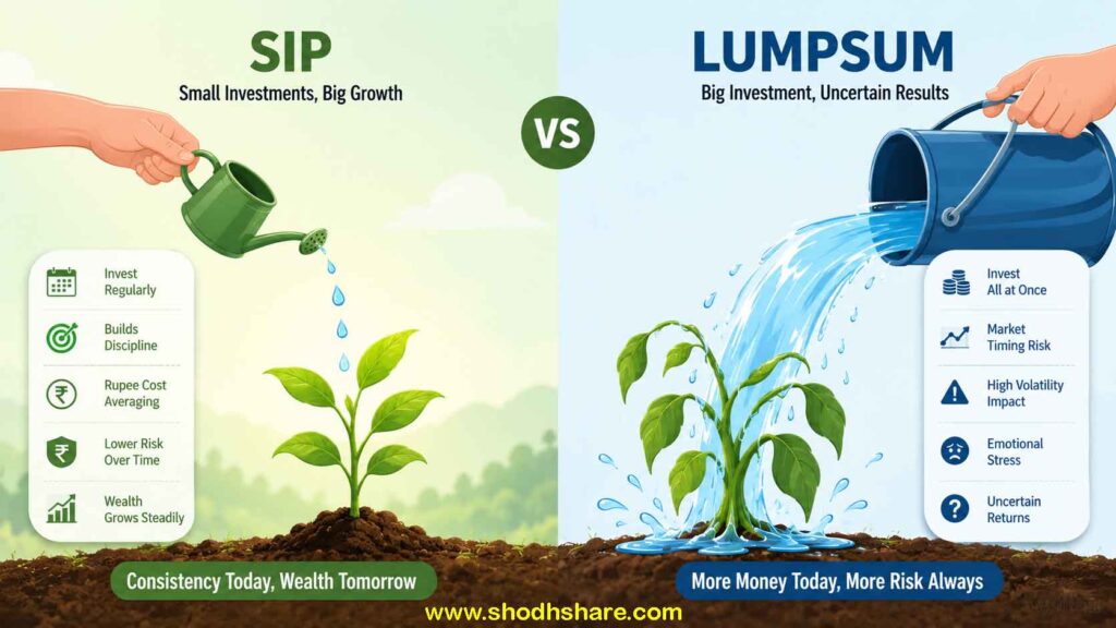 A creative comparison layout. On the left, a small watering can regularly watering a plant drop-by-drop (representing SIP). On the right, a large bucket of water poured all at once on a plant (representing Lumpsum). Bright, clean, and easy-to-understand visual design