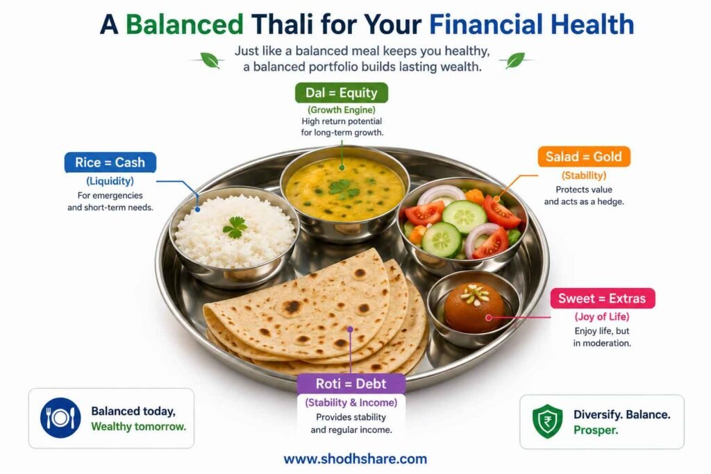 A clean and creative visual metaphor. A traditional Indian food thali containing a balanced meal: a bowl of dal, roti, rice, salad, and a small sweet. Each bowl is neatly labeled with financial terms (Roti = Debt, Dal = Equity, Salad = Gold). Bright, minimalist infographic style.