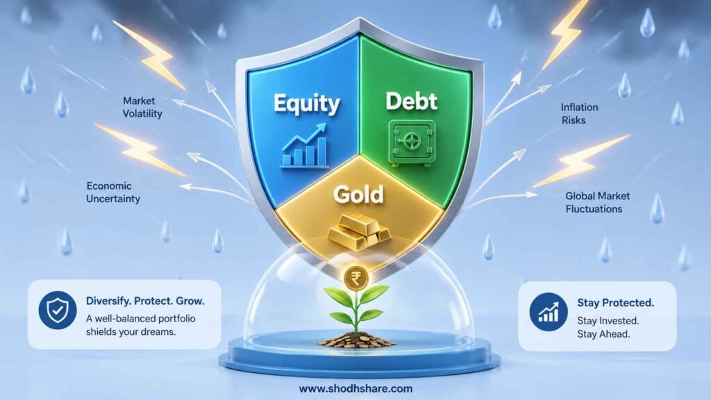 A professional 3D vector illustration for a financial blog banner. A large, beautifully arranged pie chart shield. The shield is divided into three distinct glowing segments labeled "Equity", "Debt", and "Gold". Raindrops and lightning bolts representing market volatility are bouncing off this strong shield, keeping a small growing money plant underneath completely safe. Soft pastel blue background, minialist fintech style. Asset Allocation Kya Hai.