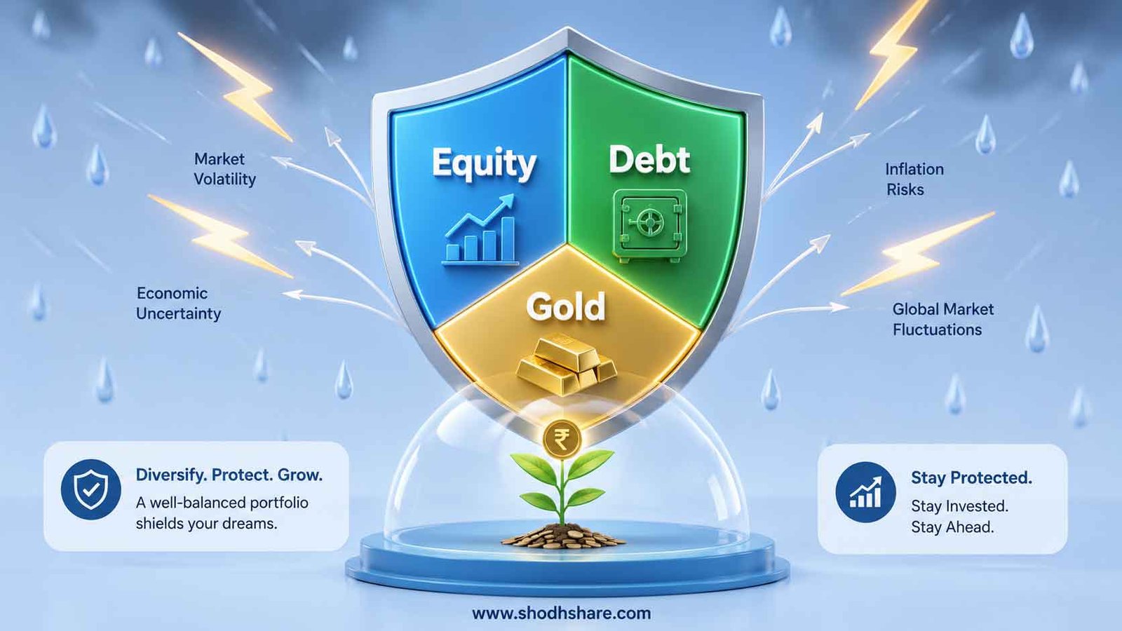 A professional 3D vector illustration for a financial blog banner. A large, beautifully arranged pie chart shield. The shield is divided into three distinct glowing segments labeled "Equity", "Debt", and "Gold". Raindrops and lightning bolts representing market volatility are bouncing off this strong shield, keeping a small growing money plant underneath completely safe. Soft pastel blue background, minialist fintech style. Asset Allocation Kya Hai.