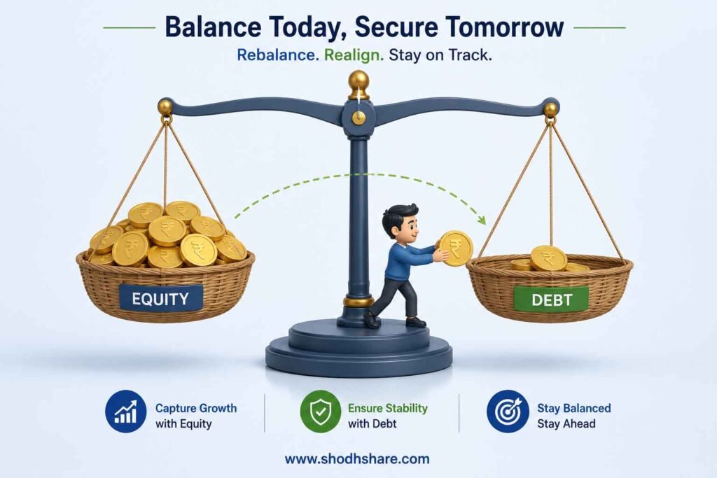 A minimal graphic illustration showing a classic weight balance scale. On one side, a small character is shifting a few gold coins from a heavy, overflowing basket (labeled Equity) into a lighter basket (labeled Debt) to make the scale perfectly even and balanced. Clean modern corporate aesthetic.