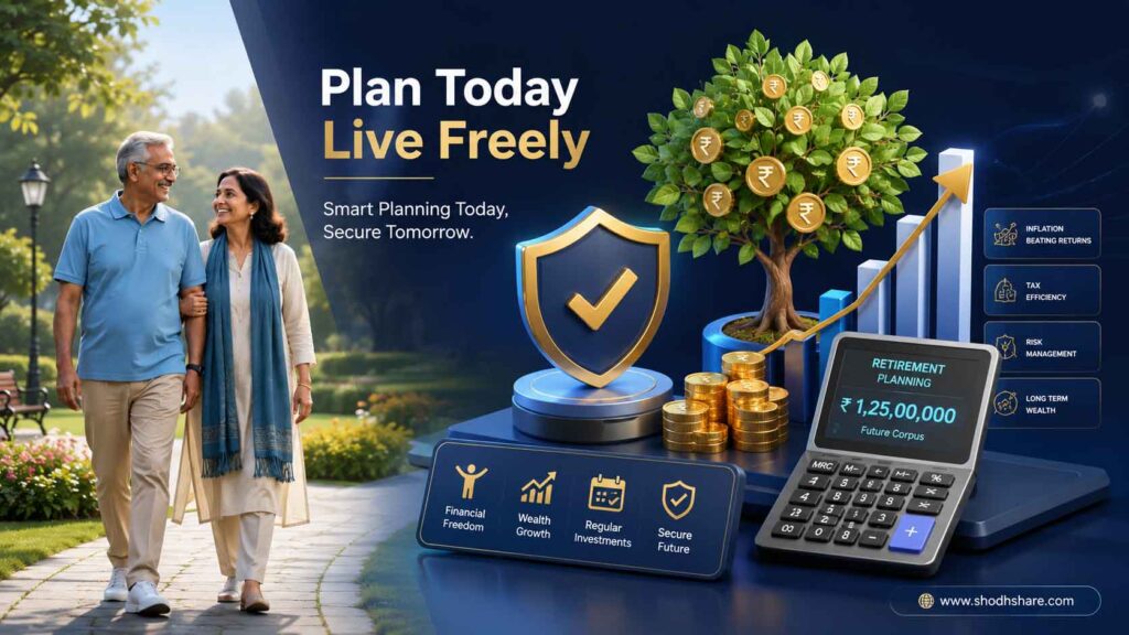 Best Retirement Planning Calculator India. A premium and modern 3D isometric illustration of a secure financial future and retirement planning. On one side, a professional Indian man and woman in their late 50s are happily walking in a lush green park, representing financial freedom. On the other side, glowing 3D financial charts, a growing money tree, a shield symbol representing safety, and a digital calculator displaying currency symbols (₹). The background is a clean, corporate dark navy blue and white gradient that matches a premium fintech website. High resolution, ultra-realistic textures, clean vector-style lighting