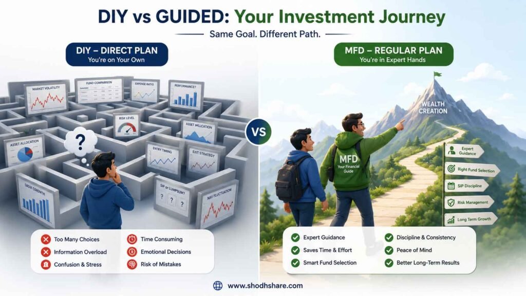 A professional financial infographic comparison layout. On the left side, a confused person staring at a complex maze of financial charts and graphs alone (representing DIY Direct Plan). On the right side, a smiling person walking confidently on a clear path guided by an experienced sherpa/guide pointing towards a mountain peak of wealth creation (representing MFD Regular Plan). Minimalist 3D vector style, corporate blue and green colors. Direct Plan aur Regular Plan me Kya Antar Hai.