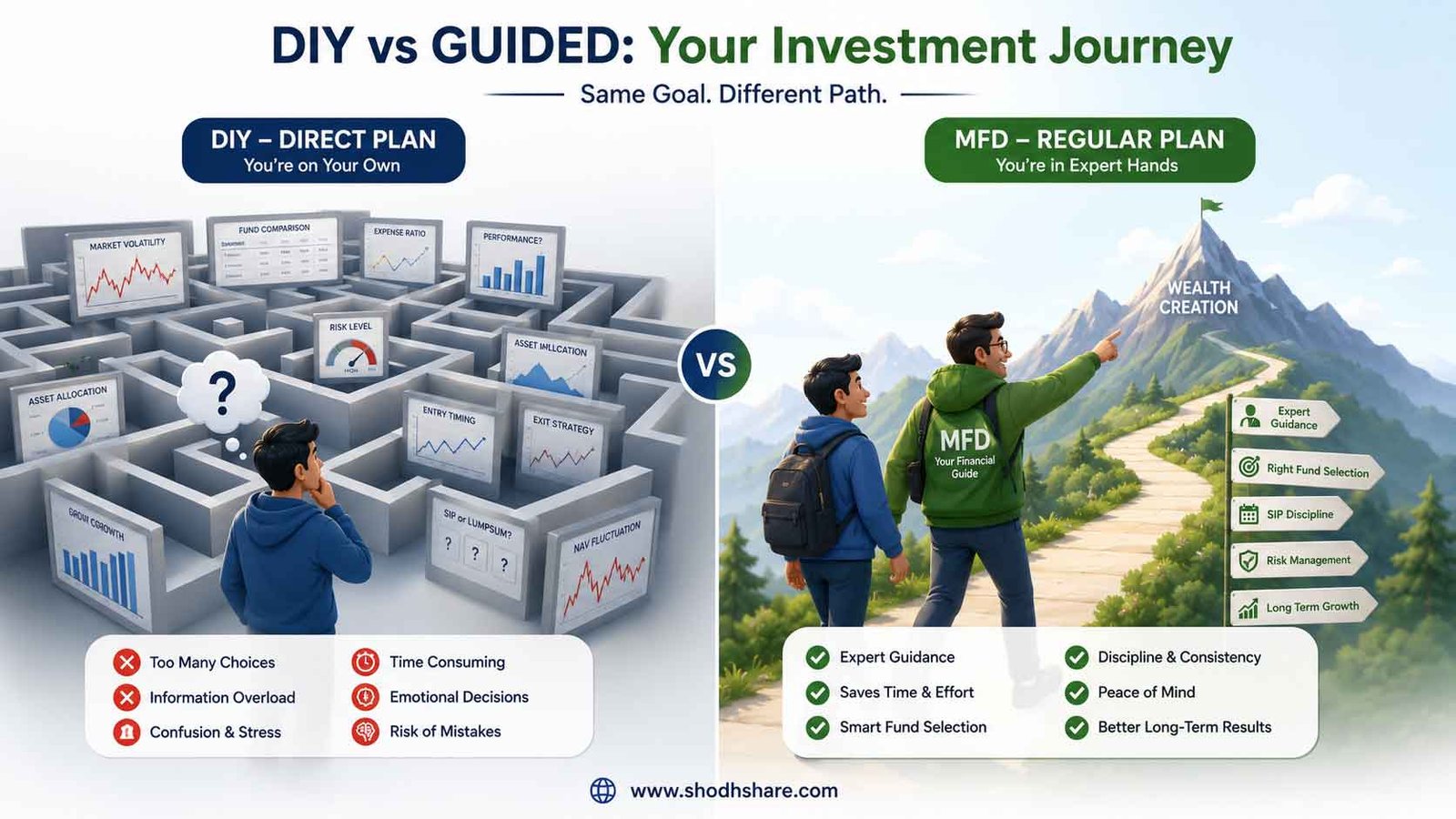 A professional financial infographic comparison layout. On the left side, a confused person staring at a complex maze of financial charts and graphs alone (representing DIY Direct Plan). On the right side, a smiling person walking confidently on a clear path guided by an experienced sherpa/guide pointing towards a mountain peak of wealth creation (representing MFD Regular Plan). Minimalist 3D vector style, corporate blue and green colors. Direct Plan aur Regular Plan me Kya Antar Hai.