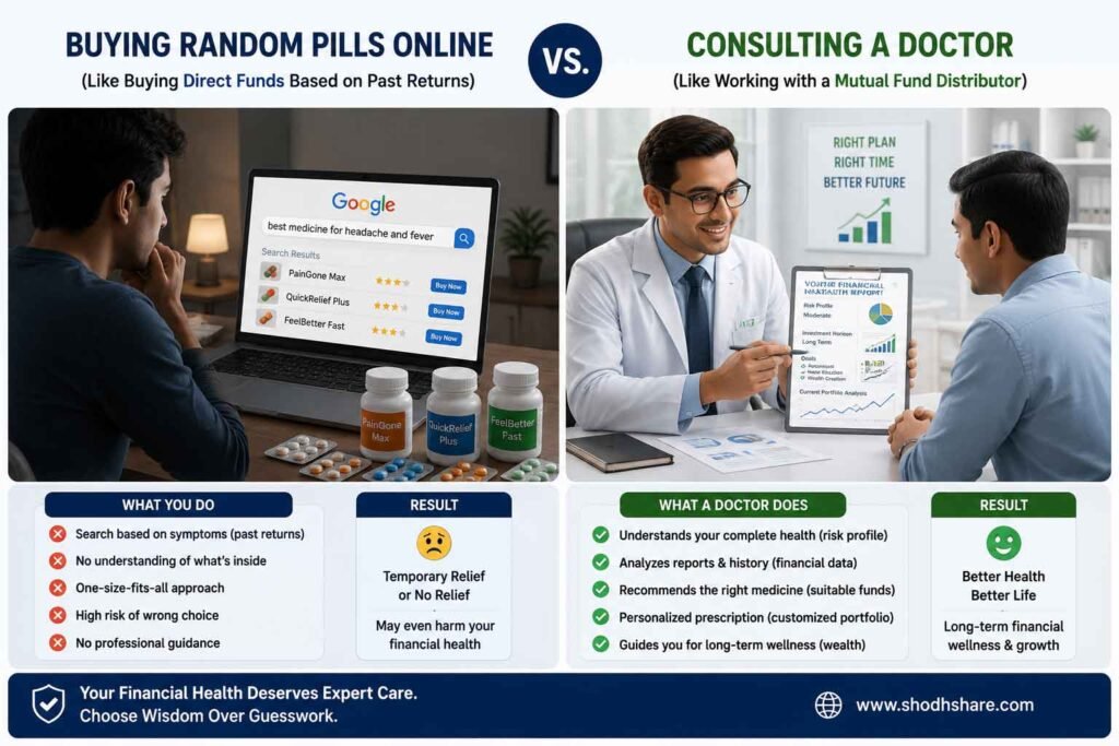 A relatable split graphic. One side shows a person buying random pills online by searching symptoms on Google (representing buying direct funds based on past returns). The other side shows a professional doctor analyzing a patient's health reports to give a customized prescription (representing a Mutual Fund Distributor). Clean modern medical/financial tech aesthetic.