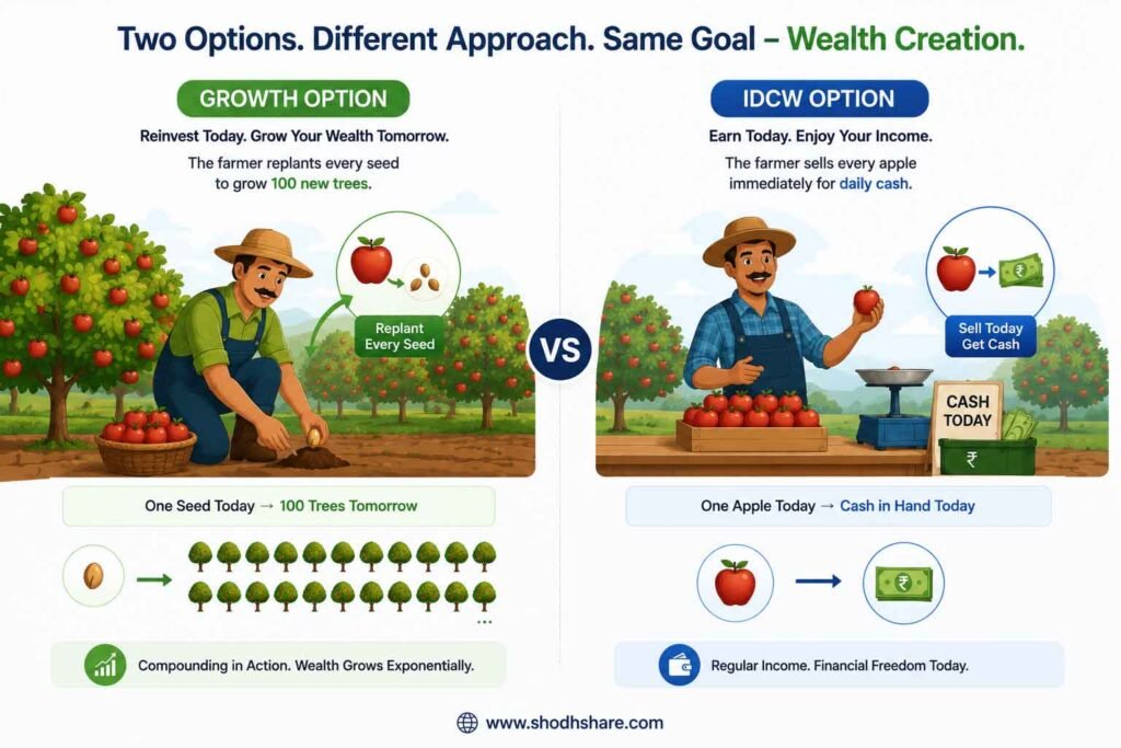 Growth Option aur IDCW Option (Income Distribution cum Capital Withdrawal) mein antar batata infographic. Ek taraf kisan apple seeds ko fir se lagakar ek bada bagicha bana raha hai (Growth Option), jabki doosri taraf kisan apple bechkar daily cash kama raha hai (IDCW Option).