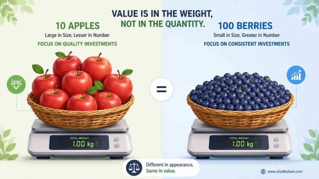A creative infographic comparison. On the left side, a basket containing 10 large apples. On the right side, a basket containing 100 small berries, but both baskets have the exact same total weight scale at the bottom. Clean, easy-to-understand visual metaphor for investment value.