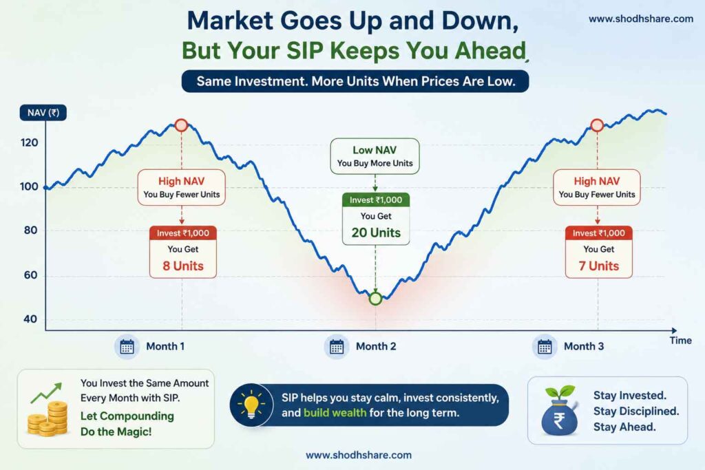 A visually engaging line chart showing a volatile stock market dip and recovery. Highlighting points along the curve where a fixed investment amount buys more units at the bottom of the curve and fewer units at the top. Clear, elegant, and non-intimidating design for beginners.
