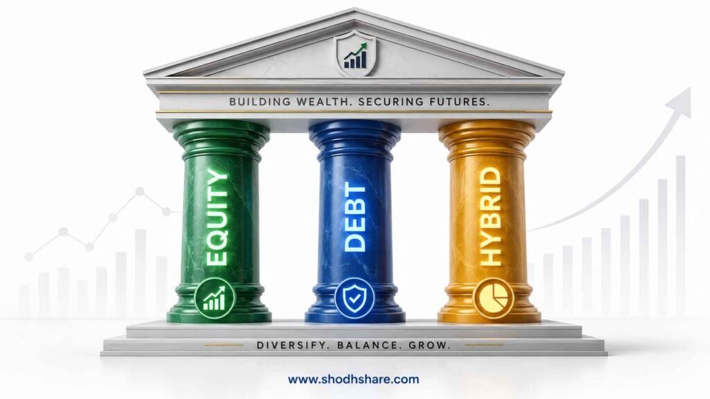 A professional 3D vector illustration for a financial blog banner. A majestic modern building architecture supported by three giant solid pillars. The pillars are elegantly engraved with glowing text: "Equity" (in emerald green), "Debt" (in deep sapphire blue), and "Hybrid" (in vibrant amber). A clean white background with subtle abstract financial growth charts. Minimalist fintech style. Mutual Fund ke Prakar Hindi Me