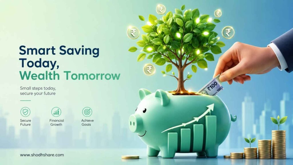 Hand placing ₹100 into a piggy bank with a money tree symbolizing financial growth and smart investing. Mutual Fund me Kam se Kam Kitna Paisa Laga Sakte Hain