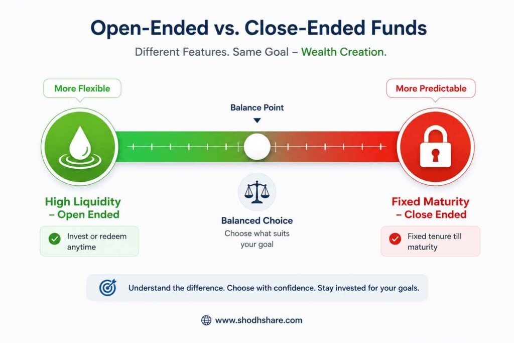a sleek liquidity comparison graphic diagram with a slider. the left side is bright green with a water drop icon labeled 'high liquidity - open ended'. the right side is red with a lock icon labeled 'fixed maturity - close ended', designed in a modern corporate style for easy understanding by beginners.