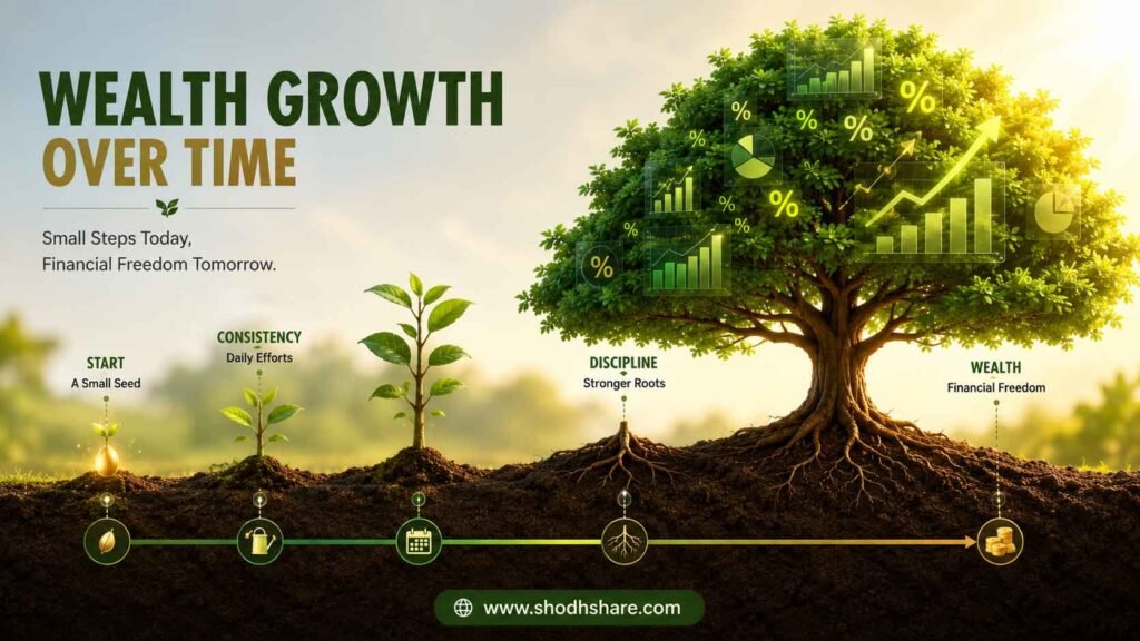 A stunning and professional 3D style vector illustration representing wealth growth over time. A small glowing seed planted in fertile soil, transforming through stages into a massive, lush green tree whose leaves are made of subtle financial charts and growing percentage symbols. Bright, inspiring look with soft background lighting. Power of Compounding Kya Hai.