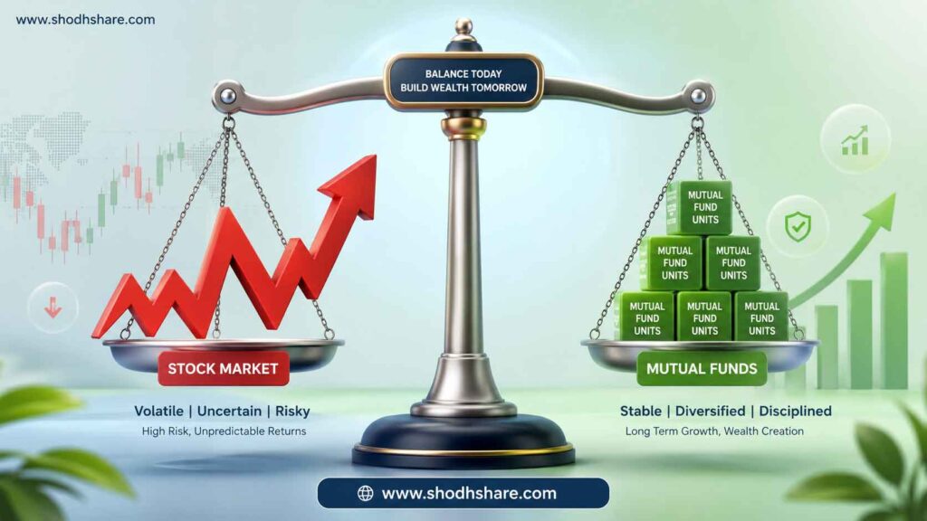 A professional 3D style vector illustration for a financial blog. A large scale balance scale, where one side has a giant fluctuating red stock market arrow going up and down, and the other side has a neat stack of green mutual fund unit blocks balancing it perfectly. Soft pastel green and blue background, modern fintech aesthetic. rupee cost averaging kya hai