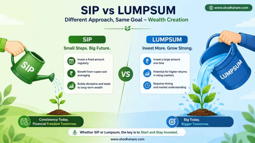 SIP Best Hai Ya Lumpsum. A creative comparison layout for a financial blog. On the left, a small aesthetic watering can regularly watering a small green plant drop-by-drop (representing SIP). On the right, a large bucket of water poured all at once on a plant (representing Lumpsum). Bright, modern flat vector style with green and soft blue background, clear typography.