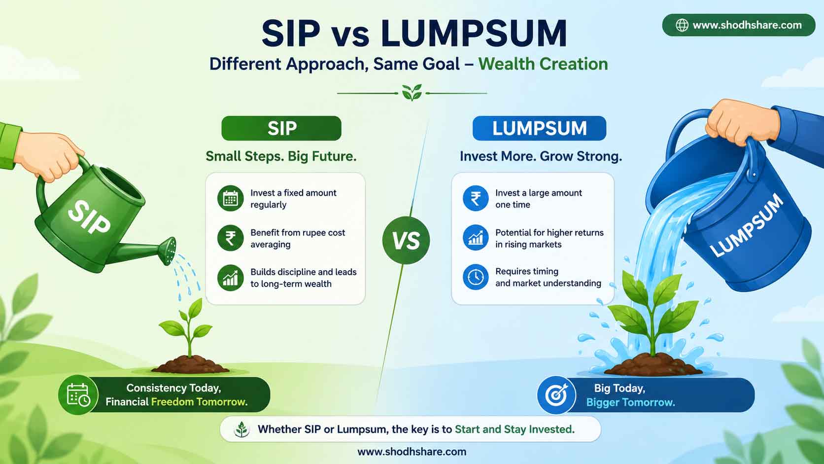 SIP Best Hai Ya Lumpsum. A creative comparison layout for a financial blog. On the left, a small aesthetic watering can regularly watering a small green plant drop-by-drop (representing SIP). On the right, a large bucket of water poured all at once on a plant (representing Lumpsum). Bright, modern flat vector style with green and soft blue background, clear typography.