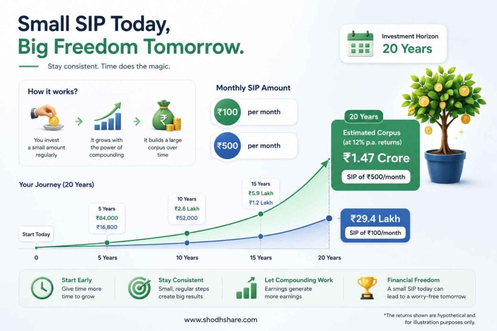 Infographic showing how a ₹100 or ₹500 monthly SIP grows over 20 years through compounding