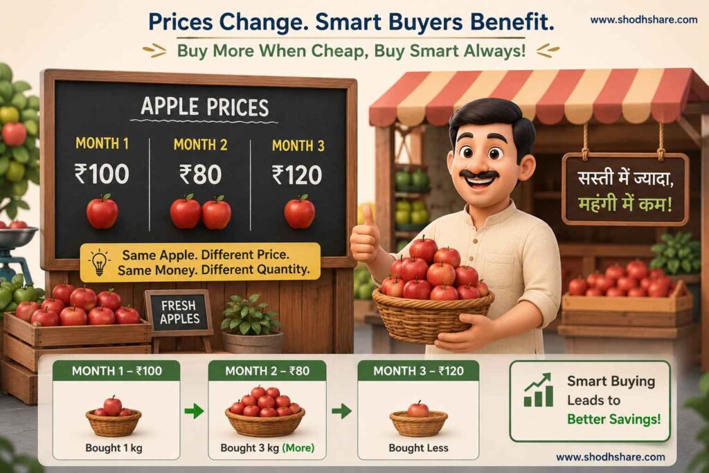 A clean and relatable infographic illustration. A small local Indian fruit market stall. A chalkboard shows prices changing across three months: Month 1 is ₹100, Month 2 is ₹80, Month 3 is ₹120. A happy customer is holding a basket filled with different quantities of fresh red apples, demonstrating buying more when cheap. Minimalist style.