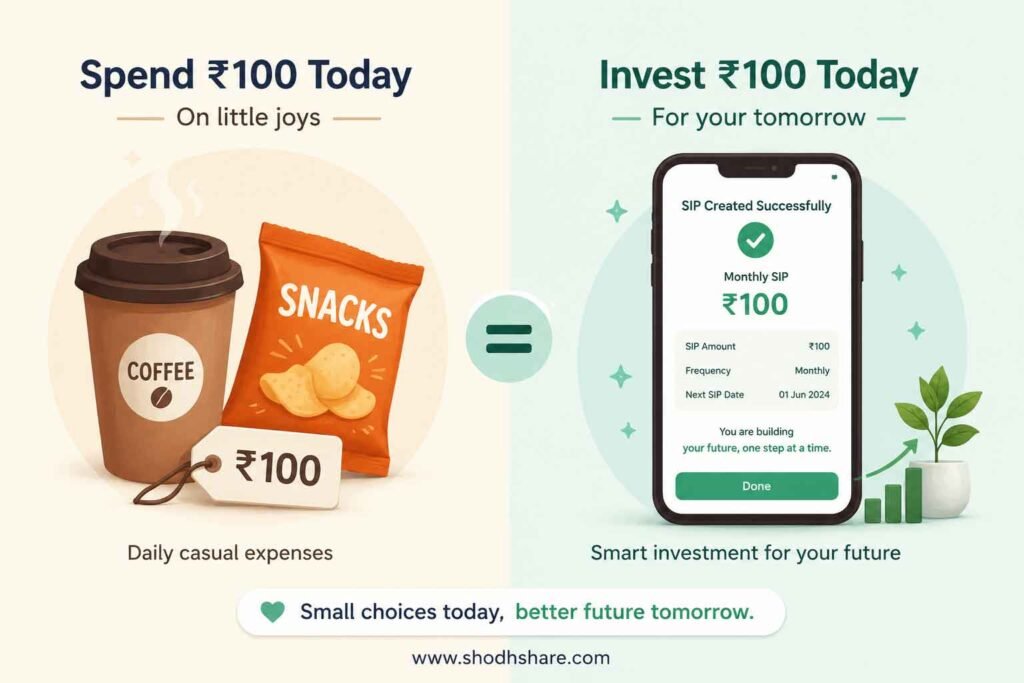 Comparison of spending ₹100 on coffee and snacks versus investing ₹100 in a monthly SIP