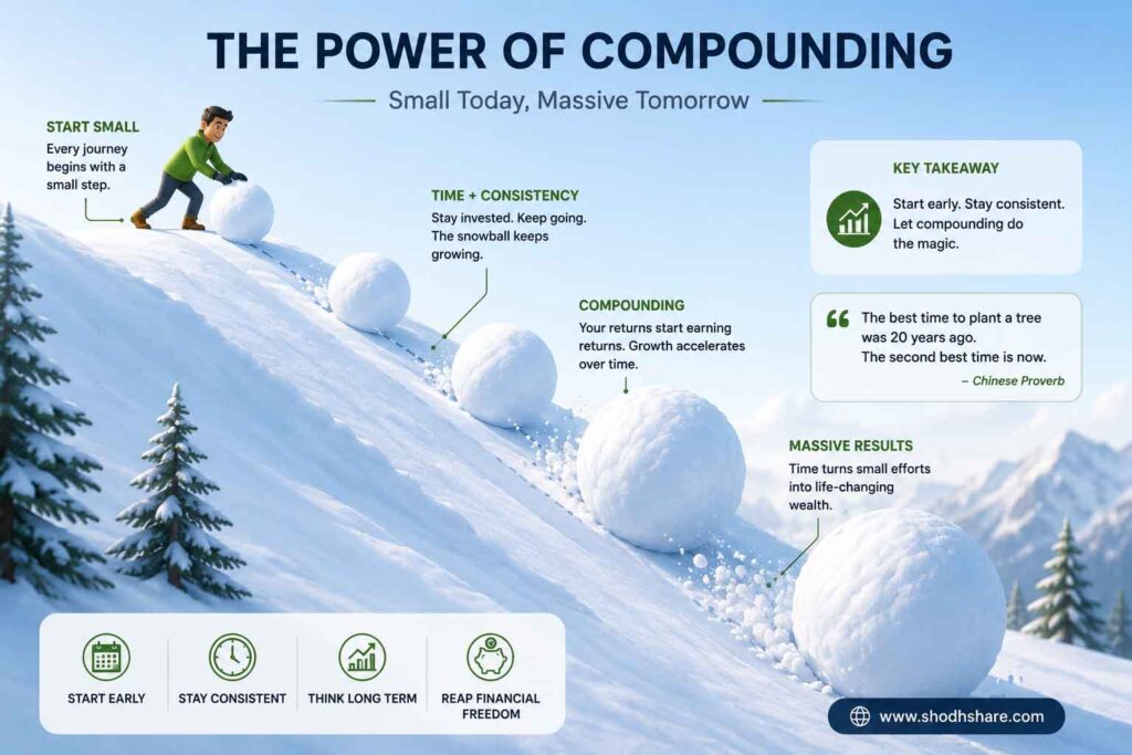 A clean infographic visual metaphor. A small snowball at the top of a snowy hill being rolled down by a person. As it moves down the slope, it gathers more snow, becoming a giant, massive snowball at the bottom (representing long-term compounding). Clean, modern corporate aesthetic.