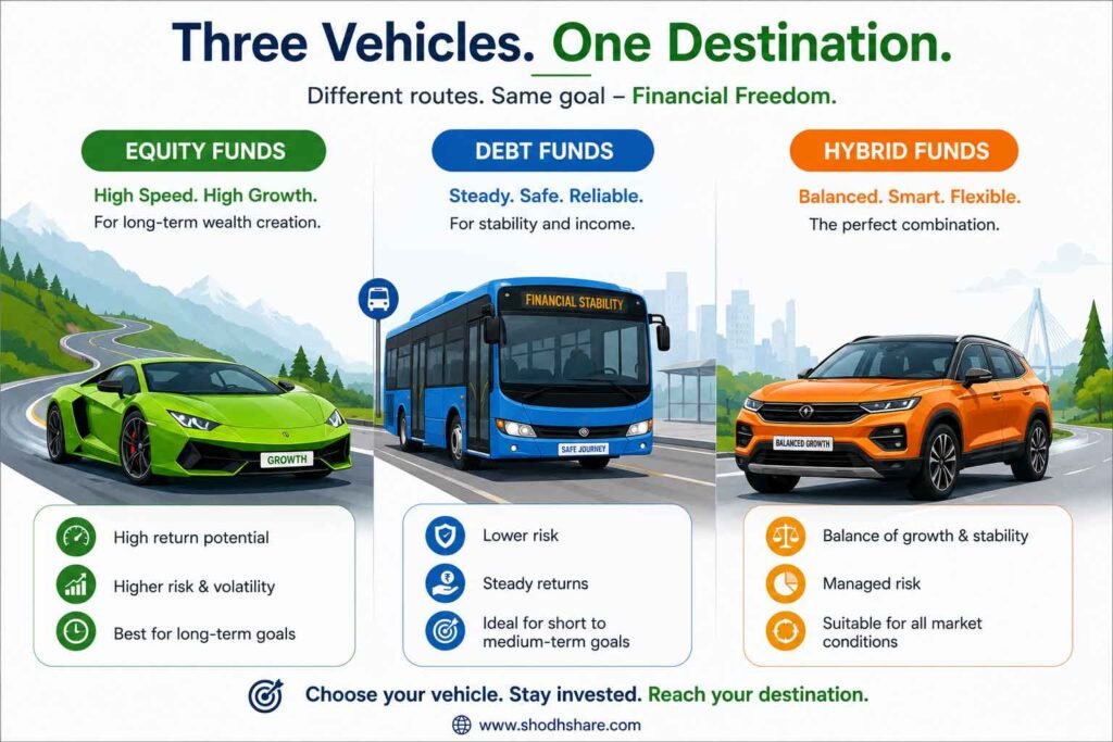 A creative and relatable visual infographic. Three types of vehicles side-by-side: a fast sports car (representing high-speed Equity Funds), a solid and safe public bus/train (representing steady Debt Funds), and a modern hybrid SUV (representing balanced Hybrid Funds). Minimalist flat design with bright colors.