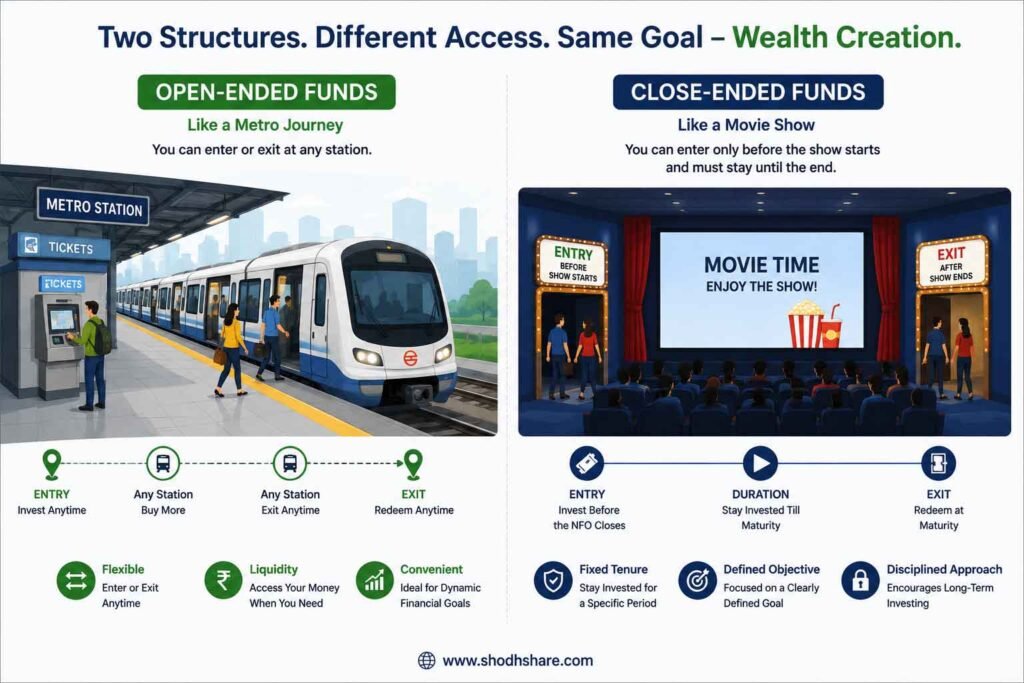 a clean flat-design infographic comparing mutual funds to daily situations. on the left, a metro train station with passengers boarding and exiting represents the flexibility of open-ended funds. on the right, a movie theater with locked doors during a screening symbolizes the time-bound nature of close-ended funds.