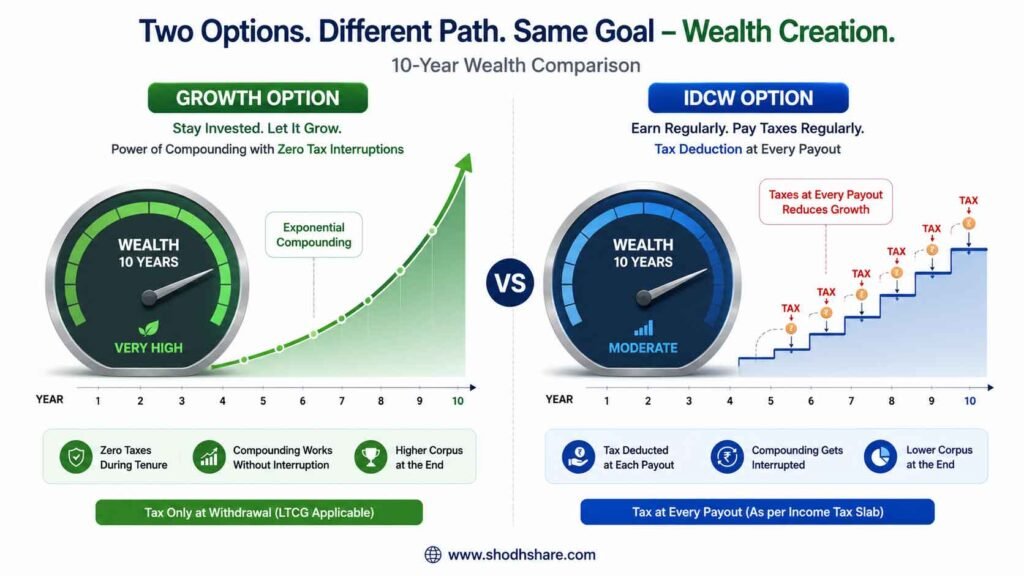 A 3D vector graphic from ShodhShare.com illustrating two wealth accumulation meters over 10 years. The 'Growth Option' meter features an exponentially rising green line, symbolizing uninterrupted compounding wealth. In contrast, the 'IDCW Option' meter displays a staircase pattern in blue, with visible deductions at each step representing tax payments on dividend distributions, resulting in a lower final wealth value.