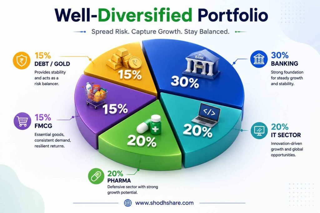 Diversified portfolio pie chart showing Banking, IT, Pharma, FMCG and Debt/Gold allocation